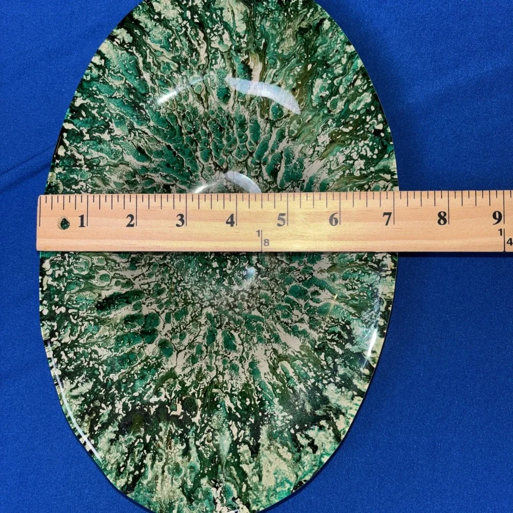 Akcam Turkish Art Glass Green and Beige Splatter print Oval Bowl 11x7.5
